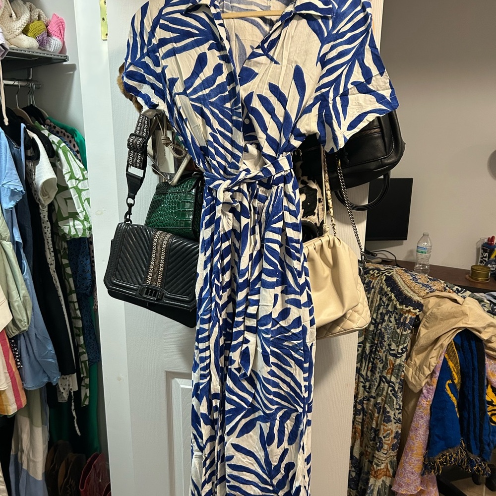 H&M Blue and White Wrap Sundress with Flutter Sleeves